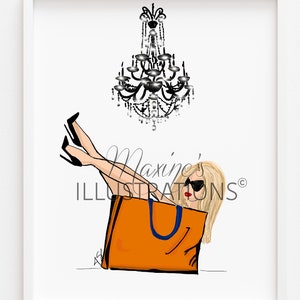 Personalised fashion wall art print in shopping bag, gift engage, girlfriend, wife, shopping, designer, heels, bag by Maxine's Illustrations