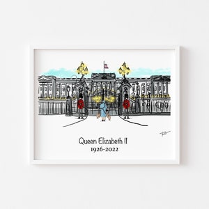 Buckingham Palace Queen Elizabeth II Art Print, Wall, Flag, Half Mast, London, Royal Family, Monarchy, Gift, Keepsake, Souvenir, Corgi