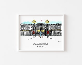 Könnte beinhalten: Eine Schwarzweißillustration des Buckingham Palace mit einer blauen Figur, die vor den Toren steht. Der Text "Queen Elizabeth II 1926-2022" befindet sich unter dem Bild.