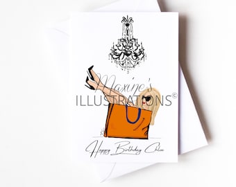 Tarjeta de felicitación de moda personalizada A6, regalo para novia, esposa, novia, diseñadora, bolso, de Maxine's Illustrations.