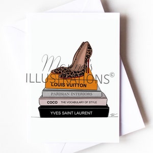 A6 gepersonaliseerde mode-wenskaart, hoge hakken, luipaardschoenen, modeboeken, cadeau, vriendin, beste vriend door Maxine's illustraties
