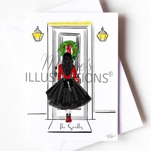 Gepersonaliseerde handgemaakte kerstkaarten, personaliseren met achternaam, kerstdeur met naam, feestelijke huismode-illustratie