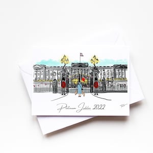 A6 jubileum wenskaart, geschenk, koningin, platina, 70 jaar, Buckingham Palace, Londen, koninklijke familie, monarchie door Maxine's illustraties