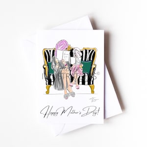 Gepersonaliseerde A6 fashion Moederdagkaart, cadeau voor moeder en dochter, liefdesbloem, winkelen, verwennen, lezen door Maxine's Illustrations