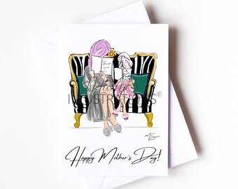 Personalised A6 fashion Mother's Day card, gift for mother and daughter, love flower, shopping, pampering, reading by Maxine's Illustrations