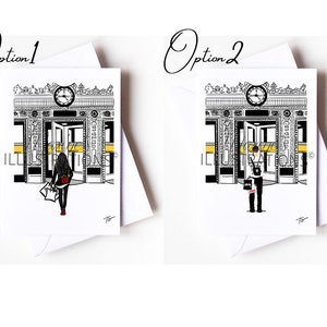 Carte de voeux personnalisée A6 fashion selfridges london, cadeau de mariage, petite amie, femme, shopping, designer par Maxine's Illustrations