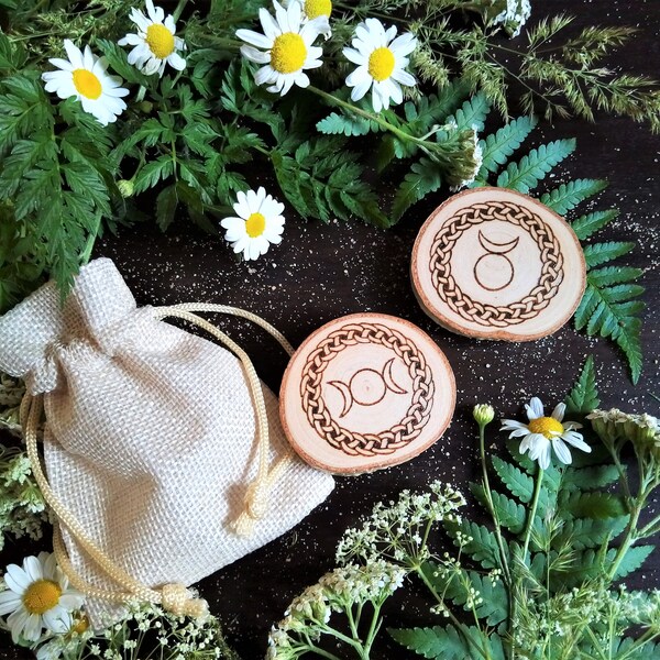 Wiccan Goddess and God Birch Wooden Set,Triple Moon Goddess And Horned God Woodburned Handmade Pyrography,Wiccan Paganism Altar Decor