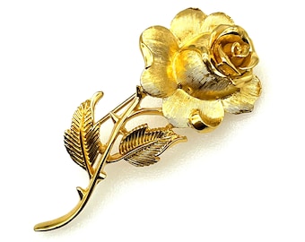 Crown Trifari Gold Plated Single Blooming Rose Brooch