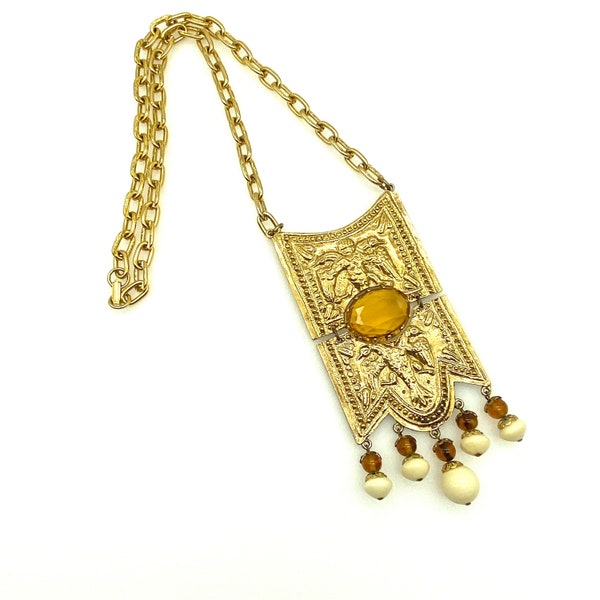 Unsigned Byzantine Etruscan Revival Statement Necklace with Integral Chain Likely by Alexis Kirk or Judith Leiber