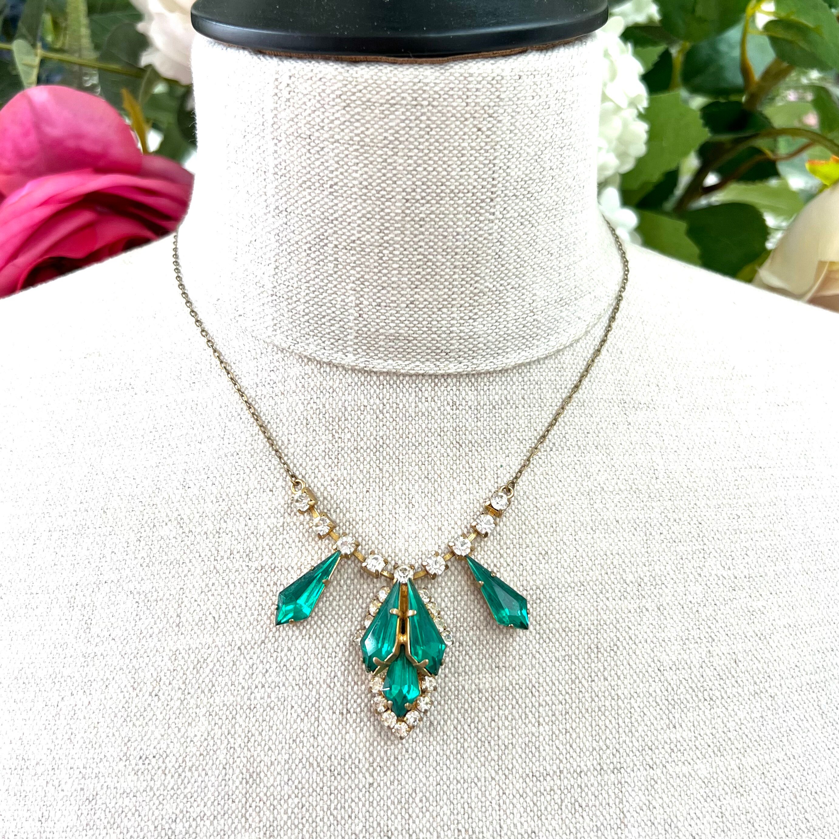 Vintage Chunky 3 Green Marble Cabochon Lucite Gold Tone