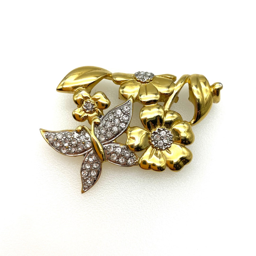 Bergdorf Goodman 1980's Gold Plated Butterfly and Flowers Rhinestone