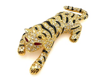 Unsigned Gold Tone Enamel Rhinestone Tiger Brooch