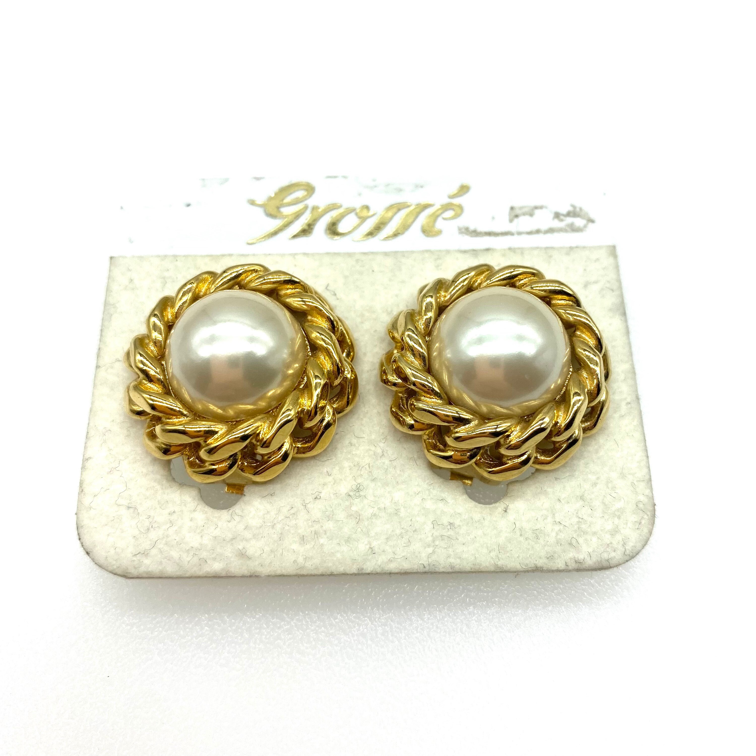 Vintage CHANEL Pearl Gold Chain Design Clip-On Earrings Used From Japan