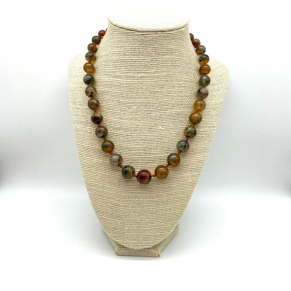 Moss Agate 1940's Graduated Hand Knotted Necklace