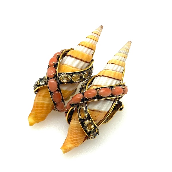 Iradj Moini Large Statement Miter Shell Coral & Citrine Clip On Earrings