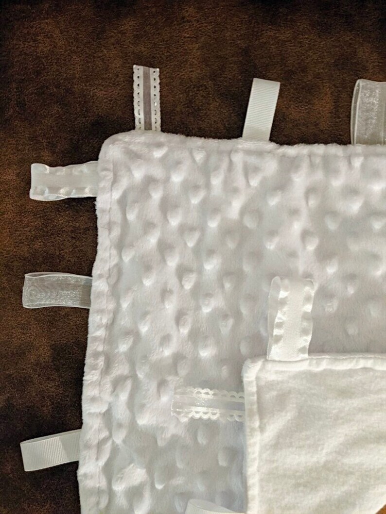 Lovey Comforter Wubie Blanket Sensory Blanket All White Blanket Dedication Gift Ribbon Teether Baby Gift Minky Blanket