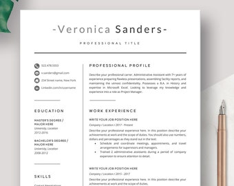 Professional Resume template instant download for Word | CV design resume modern creative | A4 Letter | Curriculum Vitae Cover Letter 2 Page