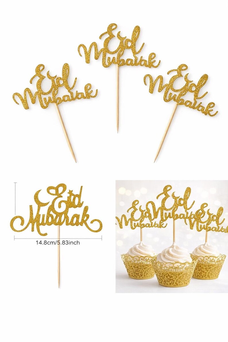 Gold Glitzer Eid Mubarak Kuchenaufsatz – Happy Eid Deko Mit Holzstäbchen, Ideal Für Ramadan & Islam Feste, Hochwertiger Glitzerkarton