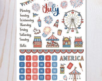 July Bullet Journal Sticker Sheet – American Fair – Patriotic Planner Stickers for your monthly calendar setup, Hand Drawn, 4th of July Bujo