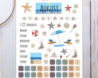 August Bullet Journal Sticker Sheet - Beach Themed Stickers for your monthly bujo or planner setup - Basics Monthly Calendar Stickers