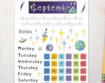 September Bullet Journal Sticker Sheet - Basics - Space Themed Stickers for your monthly bujo or planner setup