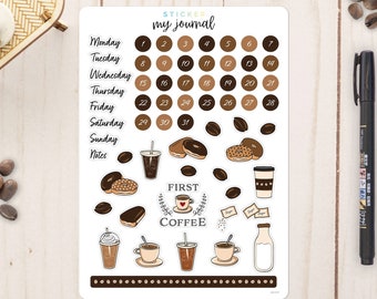Coffee Lover Any Month Undated Bullet Journal Sticker Sheet - Basics Calendar Stickers - Coffee & Donut theme for your planner bujo setup