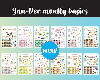 12 Pack of Monthly Basics Calendar Sticker Sheets -NEW! A full year of themed bullet journal stickers for your monthly bujo or planner setup