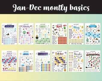 12 Pack of Monthly Basics Calendar Sticker Sheets - A full year of themed bullet journal stickers for your monthly bujo or planner setup