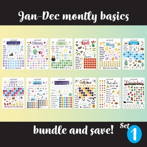 12 Pack of Monthly Basics Calendar Sticker Sheets - A full year of themed bullet journal stickers for your monthly bujo or planner setup