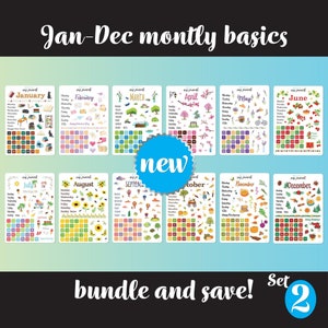 12 Pack of Monthly Basics Calendar Sticker Sheets -NEW! A full year of themed bullet journal stickers for your monthly bujo or planner setup