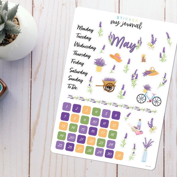 May Bullet Journal Sticker Sheet - Basics - Lavender Themed Stickers for your monthly bujo, calendar, or planner setup