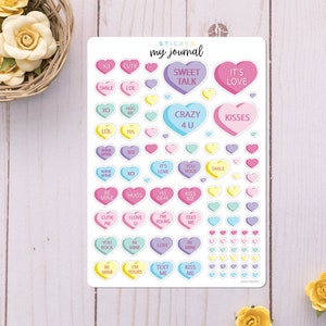 Conversation Hearts Sticker Sheet for your monthly bullet journal, planner & crafts for Valentines Day | An All-In-One add on sheet