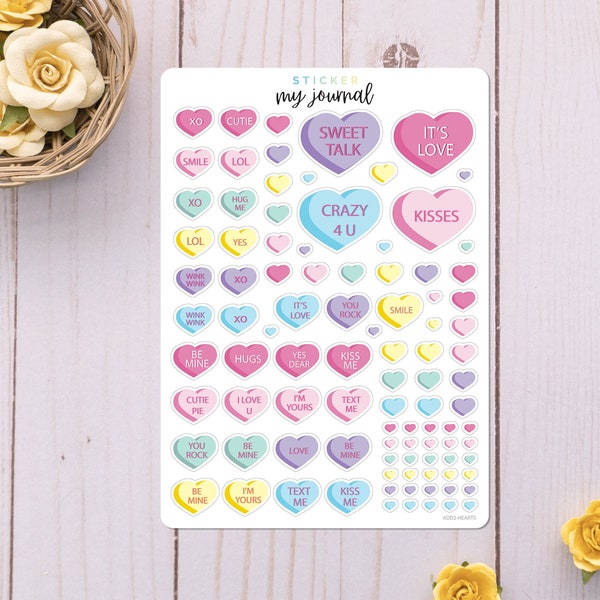 Conversation Hearts Sticker Sheet for your monthly bullet journal, planner & crafts for Valentines Day | An All-In-One add on sheet