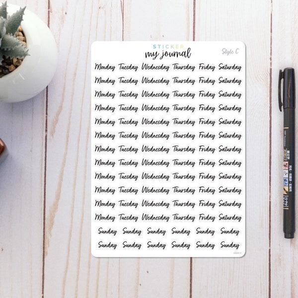 Days of the Week Stickers in Style C script - Stickers for your bullet journal, calendar, or planner