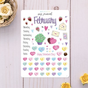 February Bullet Journal Sticker Sheet - Basics - Valentine Themed Stickers for your monthly journal planner setup