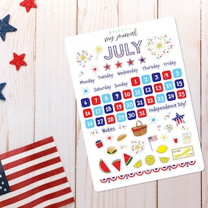 July Bullet Journal Sticker Sheet - Basics - Patriotic Stickers for your monthly bujo or planner setup - Clear or White paper options