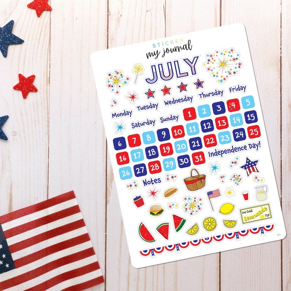 July Bullet Journal Sticker Sheet - Basics - Patriotic Stickers for your monthly bujo or planner setup - Clear or White paper options
