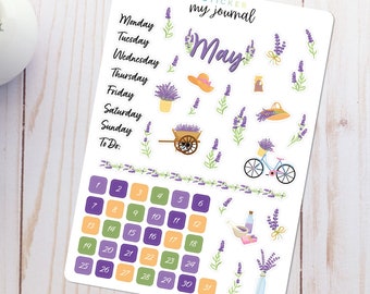 May Bullet Journal Sticker Sheet - Basics - Lavender Themed Stickers for your monthly bujo, calendar, or planner setup