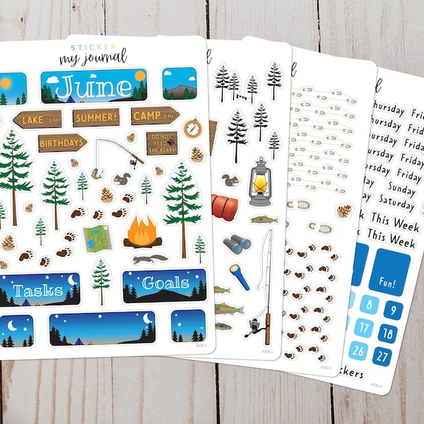 June Monthly Bullet Journal Sticker Kit - Summer Camping themed stickers for your dotted journal and planner setup