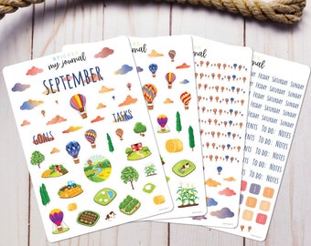 September Monthly Bullet Journal Sticker Kit - Hot Air Balloon themed sticker sheets for your dotted journal, calendar, and planner setup.