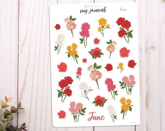 June Flowers of the Month Sticker Sheet | Roses | stickers for bullet journals, planners, scrap books, and crafts