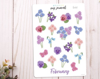 February Flowers of the Month Sticker Sheet | Violets | stickers for bullet journals, planners, scrap books, and crafts