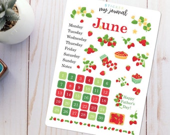 June Bullet Journal Sticker Sheet - Basics - Strawberry Themed Stickers for your monthly bujo, calendar, or planner setup