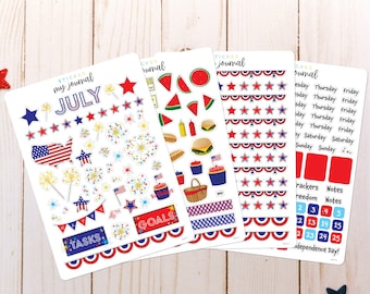 July Monthly Bullet Journal Sticker Kit - Patriotic stickers for your dotted journal and planner setup