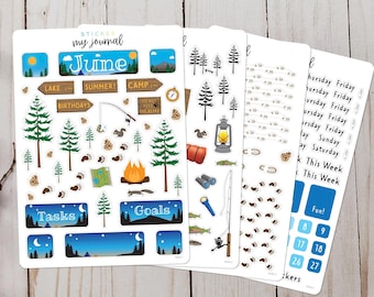 June Monthly Bullet Journal Sticker Kit - Summer Camping themed stickers for your dotted journal and planner setup