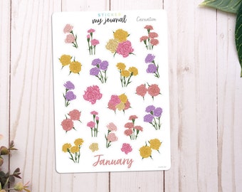 January Flowers of the Month Sticker Sheet | Carnation | stickers for bullet journals, planners, scrap books, and crafts