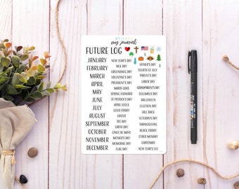 Future Log & Holiday Events List - Style A - Months of the year, special holidays and decorative stickers for your planner or bullet journal