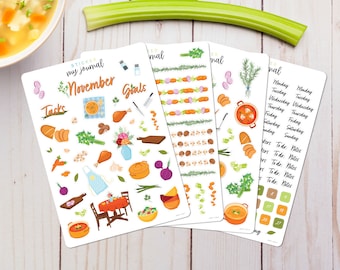 November Monthly Bullet Journal Sticker Kit - Country Kitchen themed sticker sheets for your dotted journal, calendar, and planner setup.