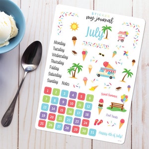 July Bullet Journal Sticker Sheet - Basics - Summer Ice Cream Treat Themed Stickers for your monthly bujo, calendar, or planner setup