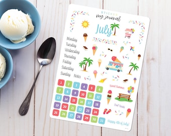 July Bullet Journal Sticker Sheet - Basics - Summer Ice Cream Treat Themed Stickers for your monthly bujo, calendar, or planner setup